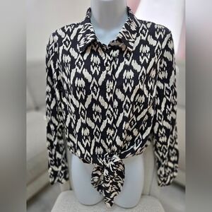 Christian Siriano Black and White Linen blend Patterned Cropped Shirt